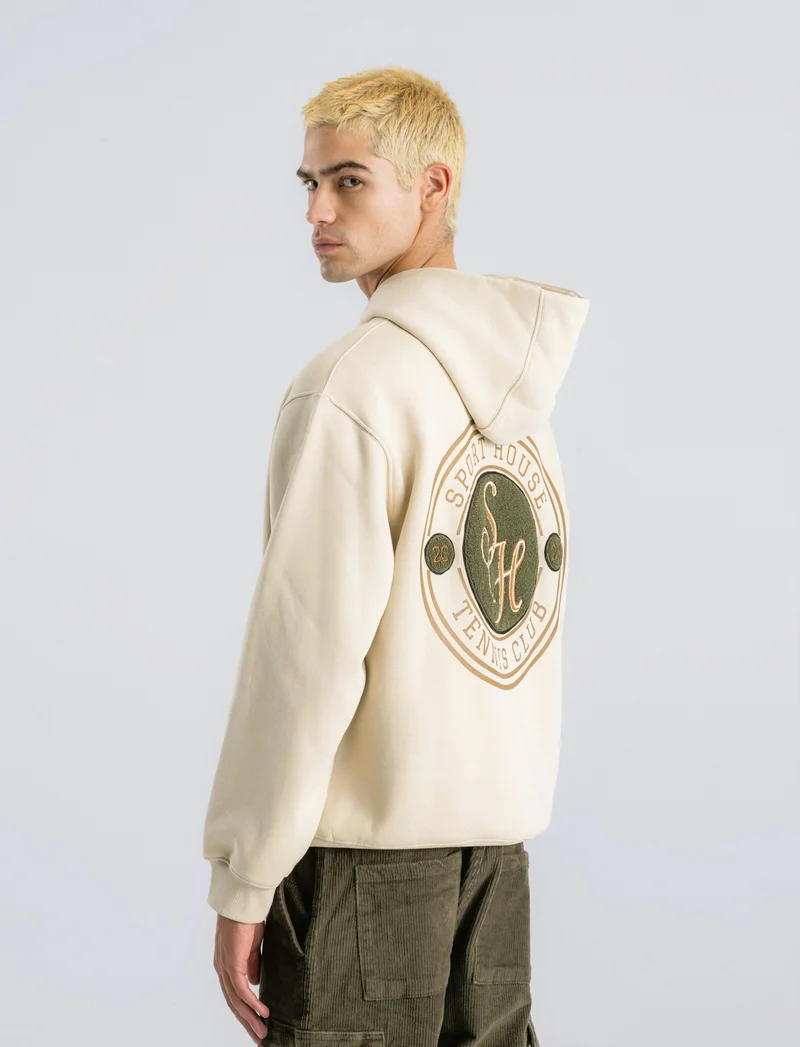 FELPA CON CAPPUCCIO , STAMPE E RICAMI - Beige