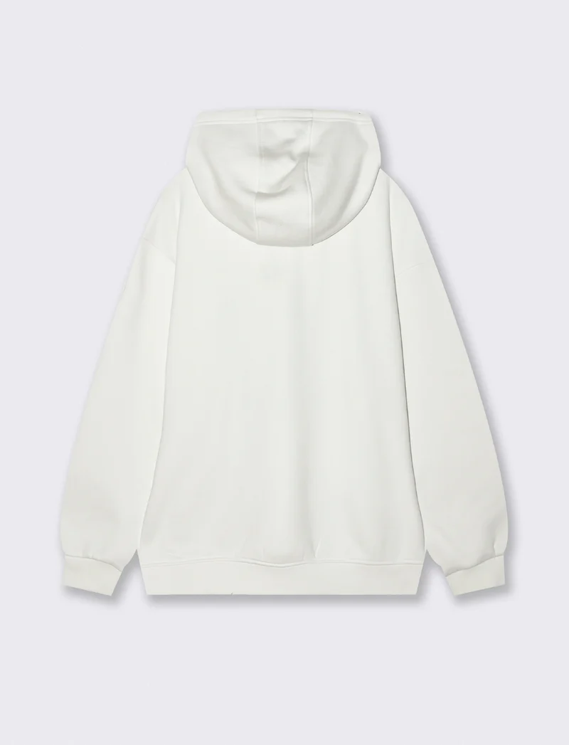FELPA BOXY FIT CON CAPPUCCIO E STAMPA - Beige ecru
