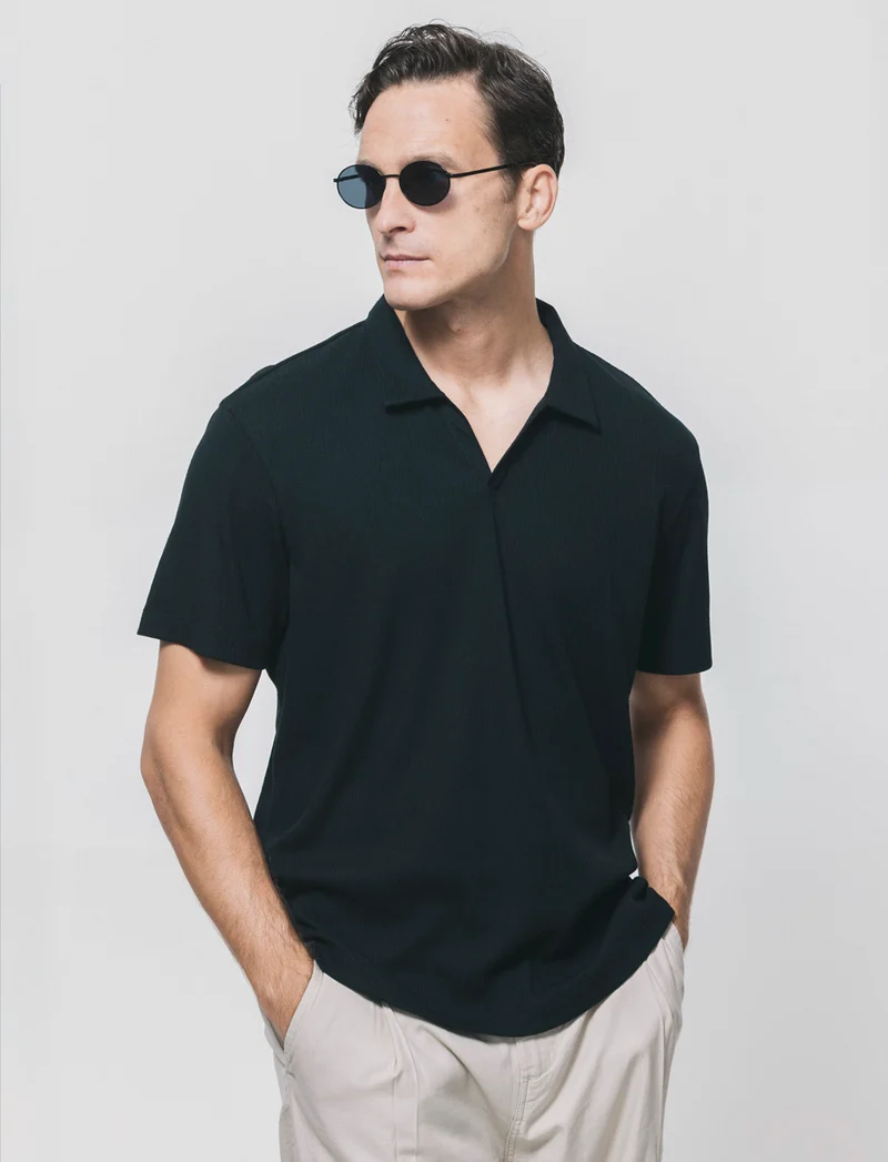 Polo Derby Effetto Maglia a Costine - Nero