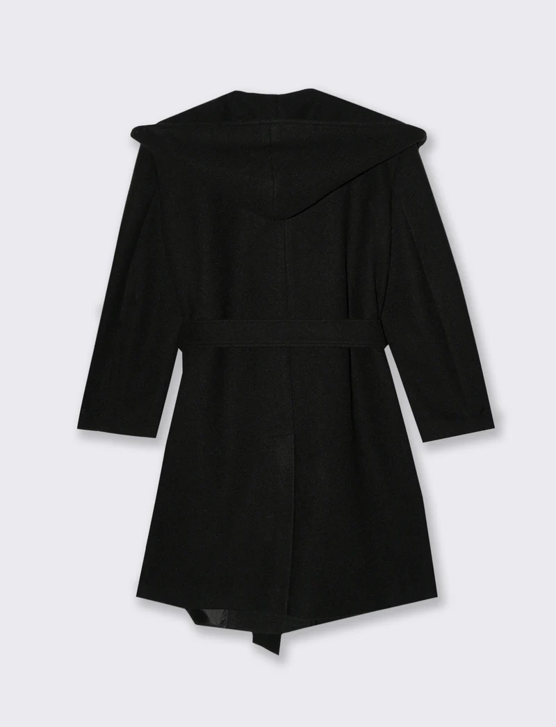 CAPPOTTO CON CAPPUCCIO E CINTA - Nero
