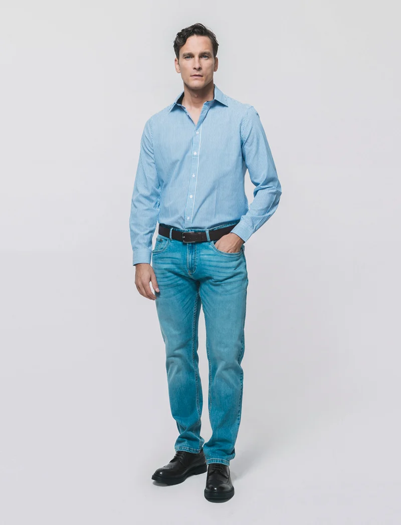Camicia Regular Fit Easy Iron Unita e Fantasia - Bluette