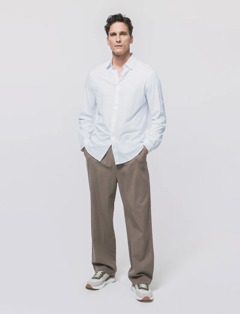 Camicia Jersey Slub Collo Coreano - Bianco