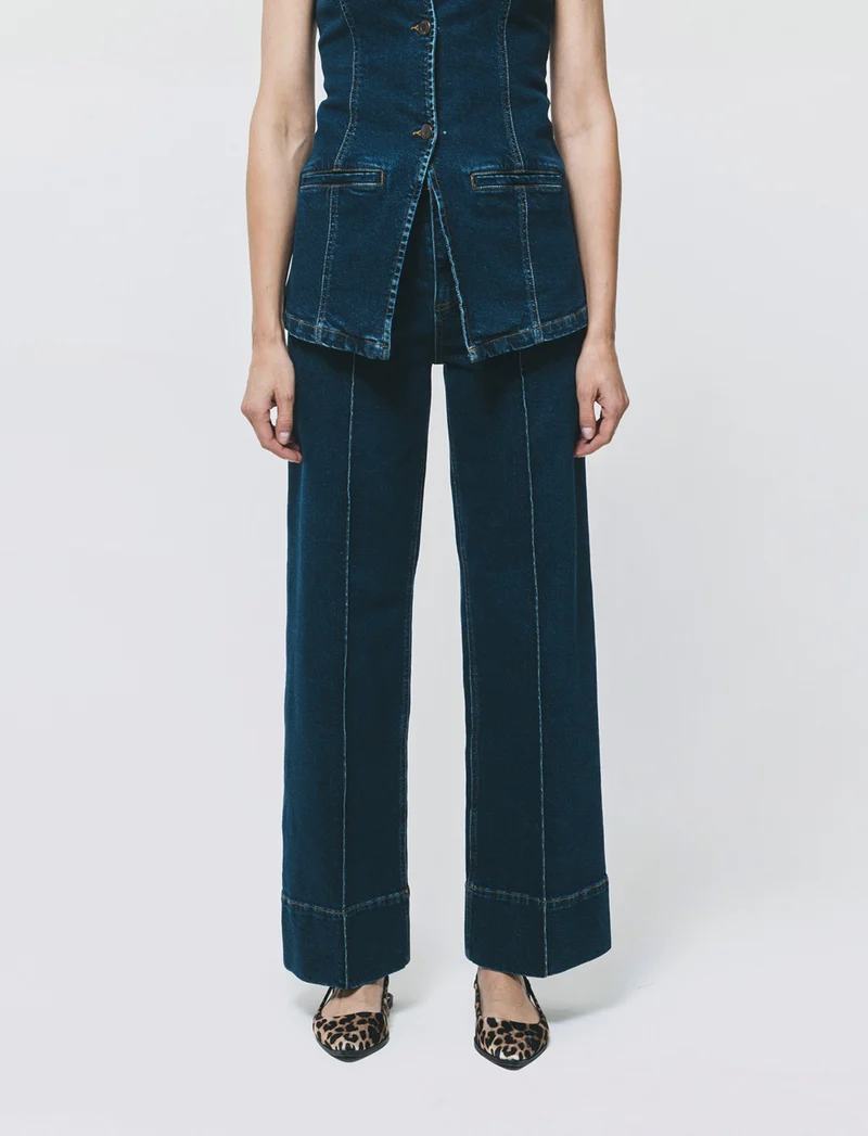 Jeans Gamba Larga con Vita Alta - DENIM SCURO