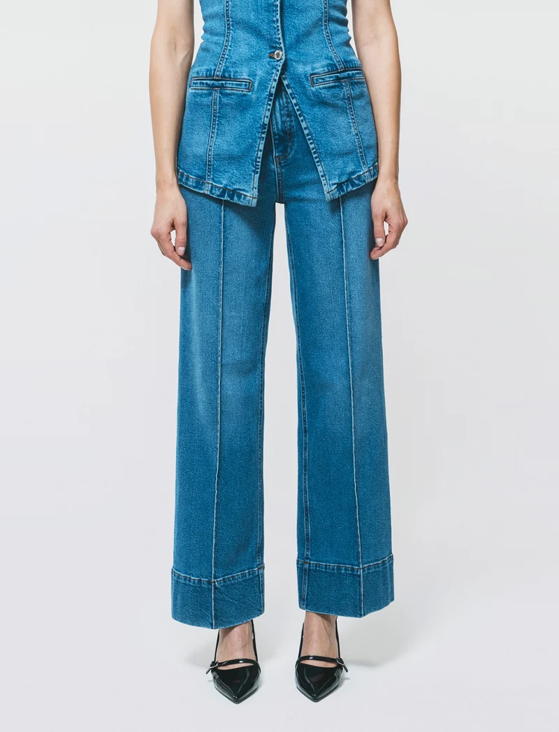 Jeans Gamba Larga con Vita Alta - Denim