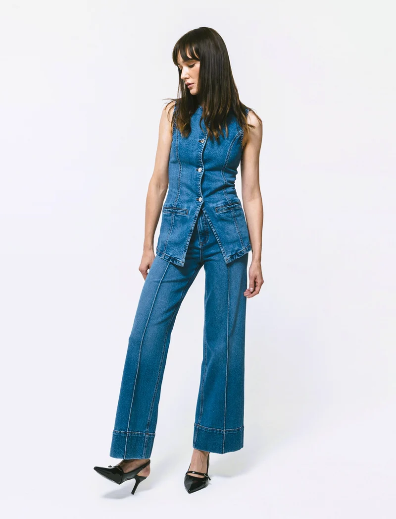 Jeans Gamba Larga con Vita Alta - Denim
