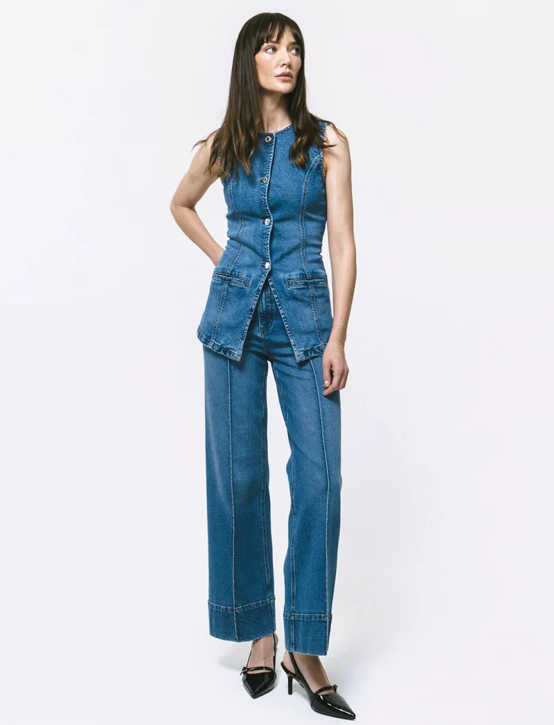 Jeans Gamba Larga con Vita Alta - Denim