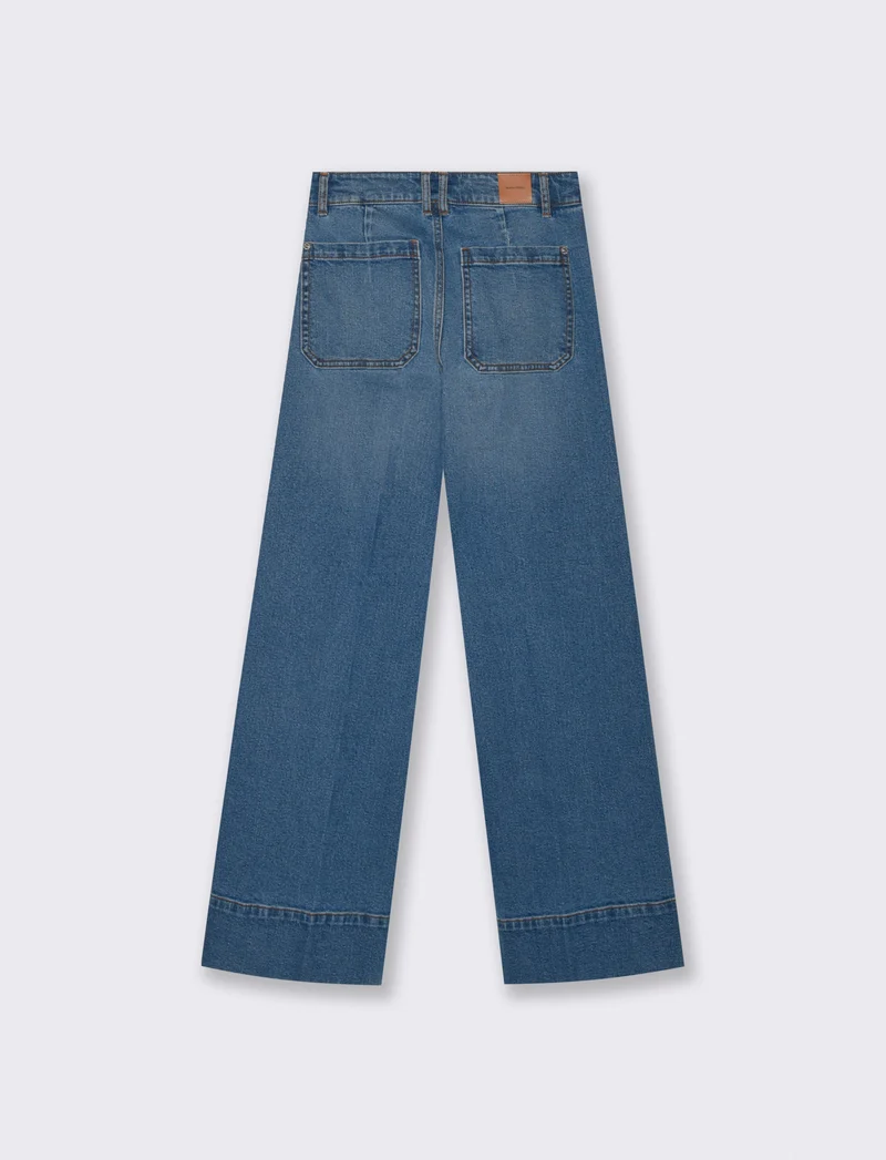 Jeans Gamba Larga con Vita Alta - Denim