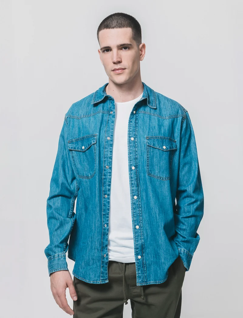 Camicia denim regular fit con tasche - Denim
