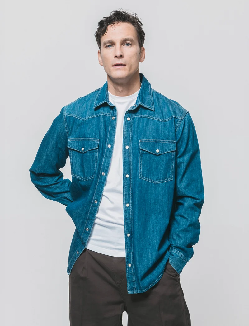 Camicia denim regular fit con tasche - DENIM SCURO