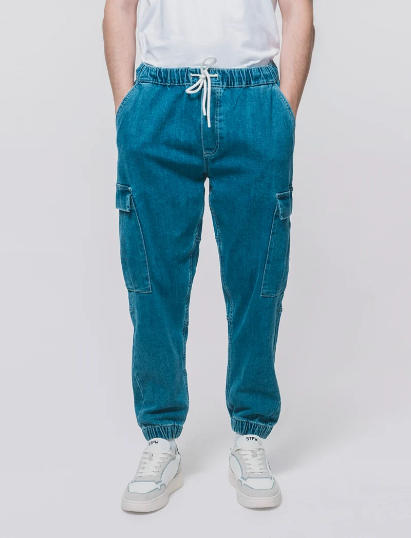 Jeans jogger cargo fit blu medio - Denim
