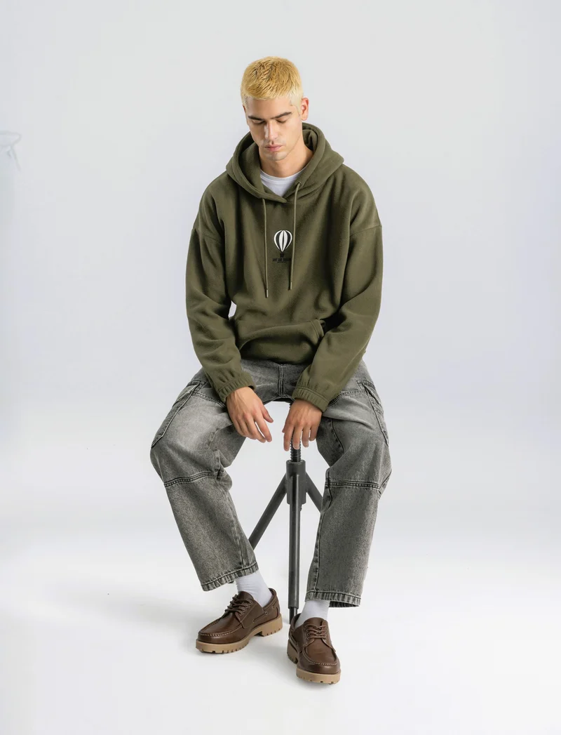 FELPA CON CAPPUCCIO IN PILE - Verde militare