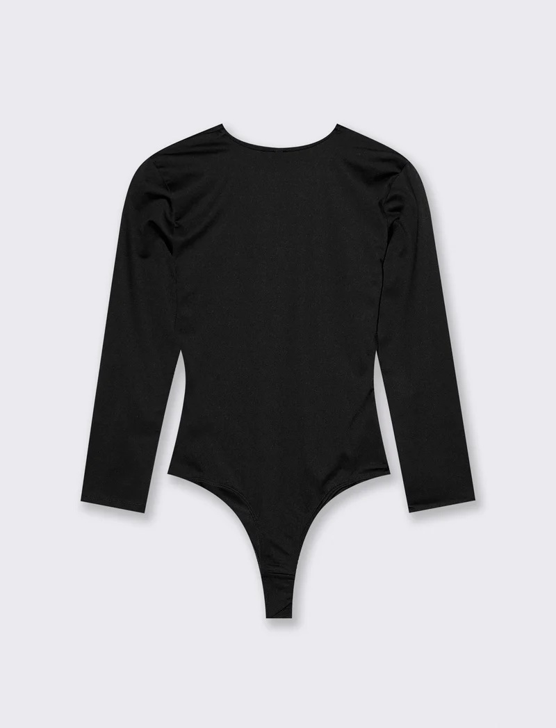 Body manica lunga scollo a V arricciato - Nero