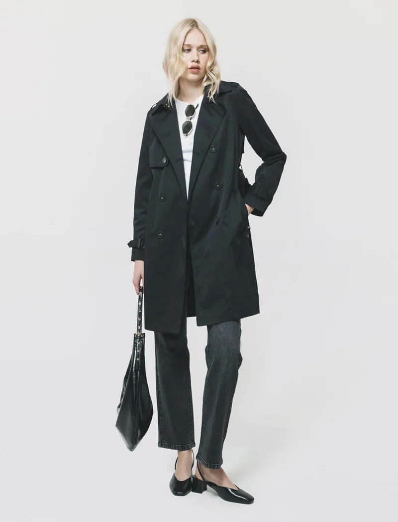 Trench lungo con cintura e taschini - Nero