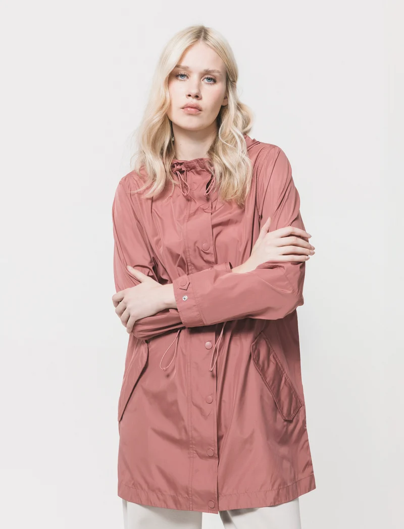 Parka Ripiegabile con Cappuccio e Zip - Rosso mattone