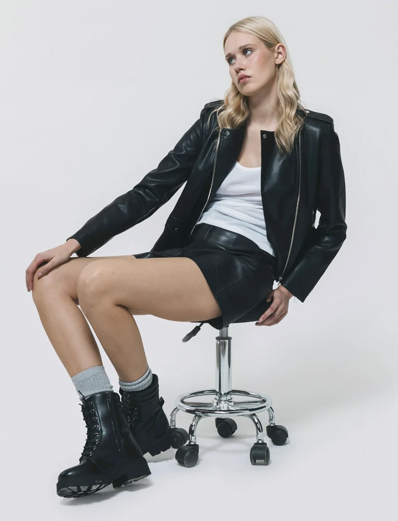 Giubbotto Biker in Tessuto Pelle - Nero