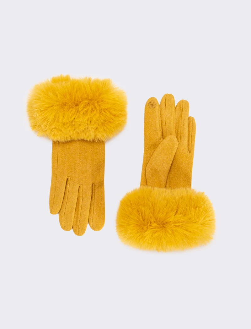Guanti con polsino in pelliccia sintetica - Giallo