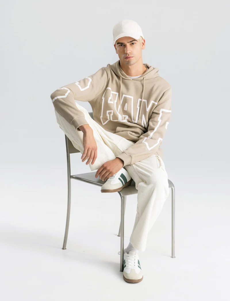 FELPA CON CAPPUCCIO E STAMPA - Beige
