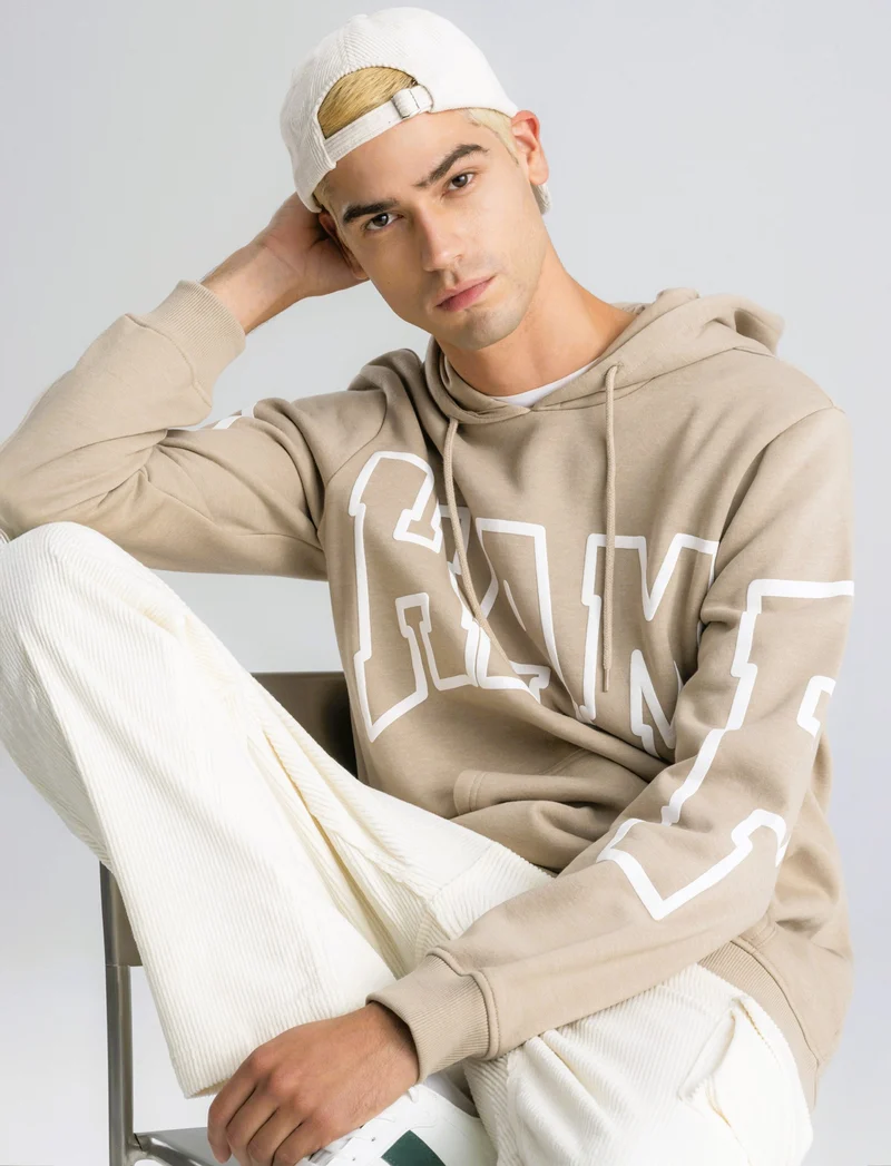 FELPA CON CAPPUCCIO E STAMPA - Beige