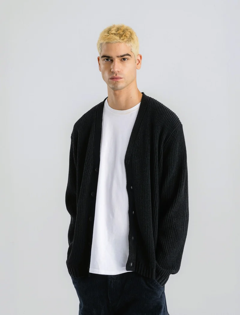 MAGLIA CARDIGAN IN CINIGLIA A COSTE - Nero