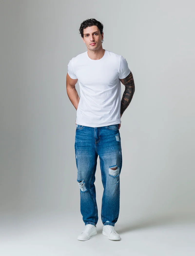 Jeans denim medio loose fit con strappi da uomo - Denim