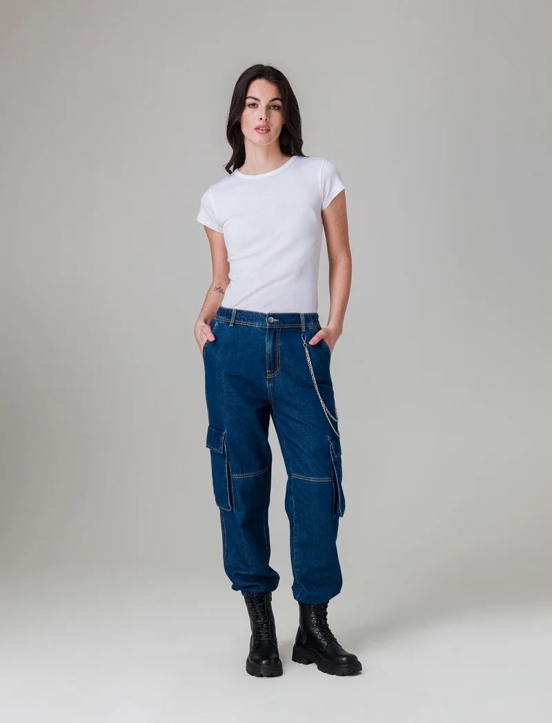 Denim jogger cargo da donna - Denim