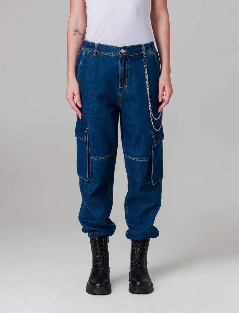 Denim jogger cargo da donna - Denim