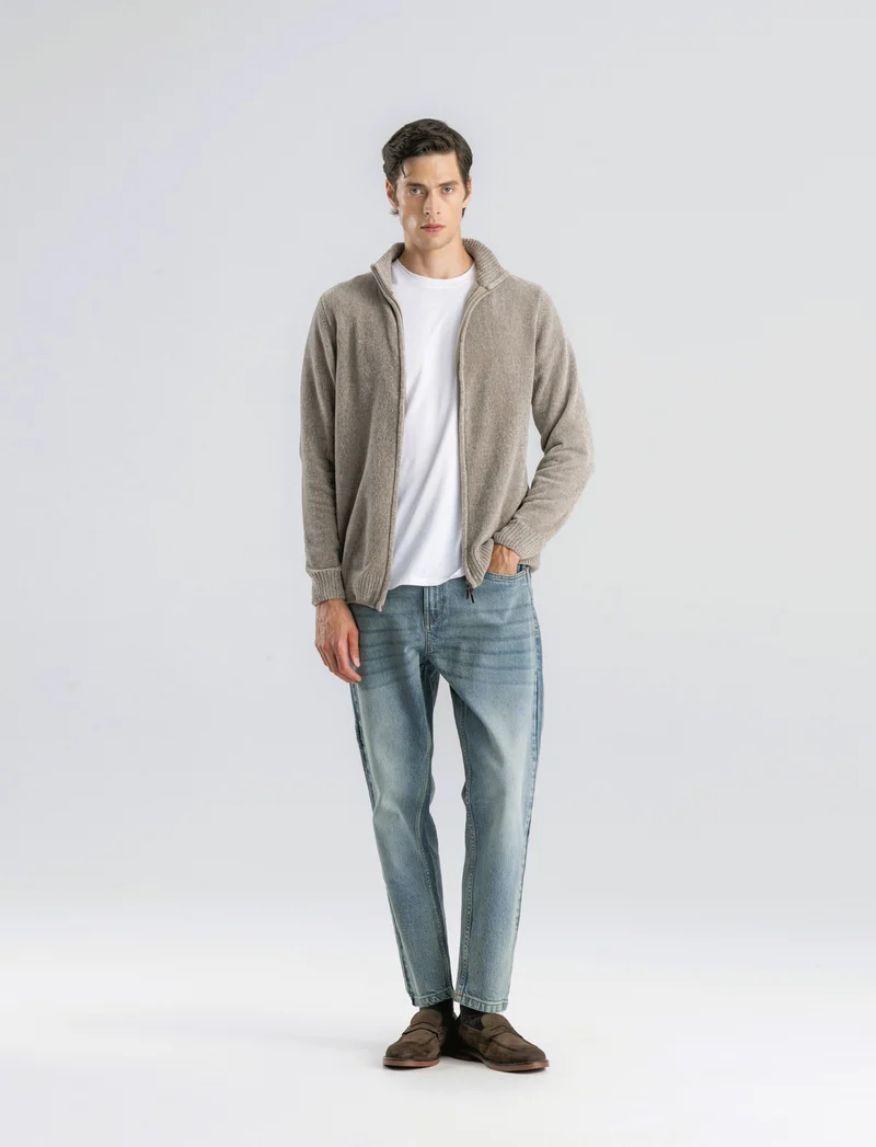 CARDIGAN IN CINIGLIA COLLO ALTO CON CERNIERA. - Beige