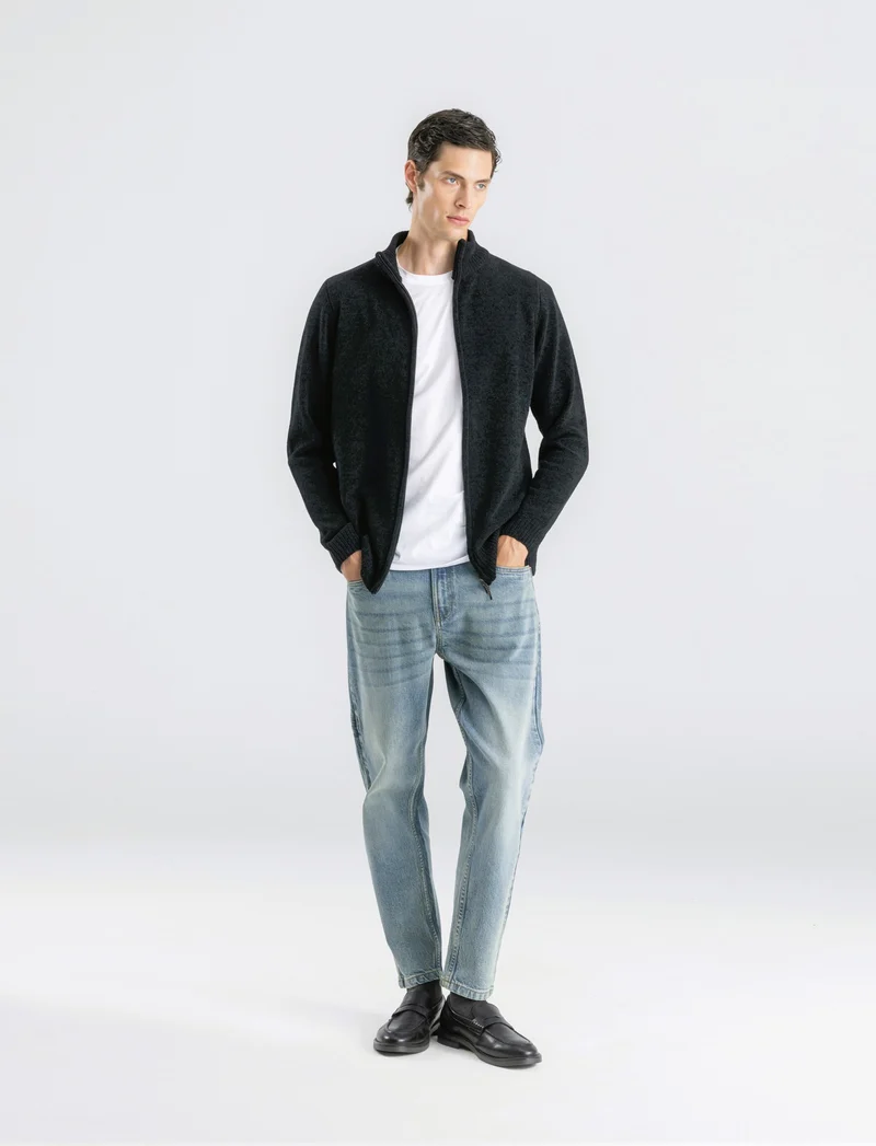 CARDIGAN IN CINIGLIA COLLO ALTO CON CERNIERA. - Nero