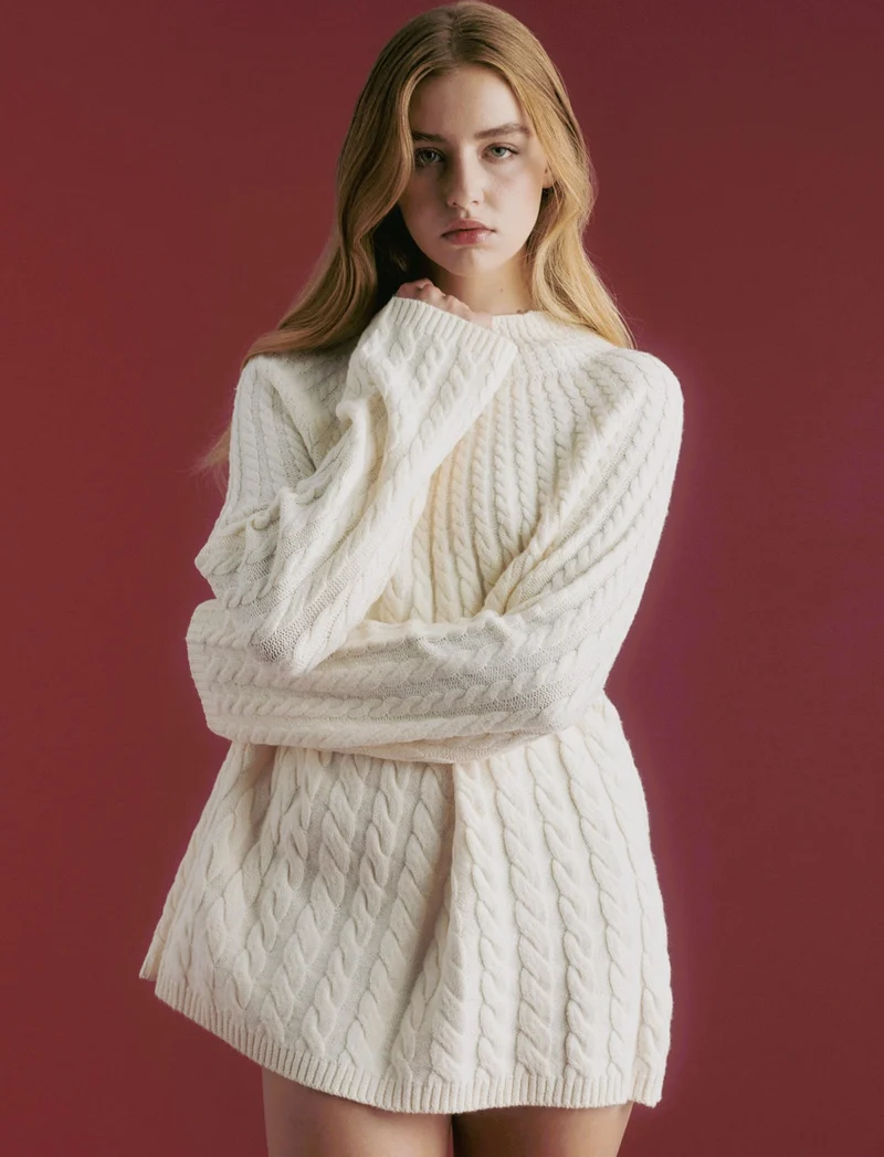 MAXIPULLOVER A TRECCE - Avorio