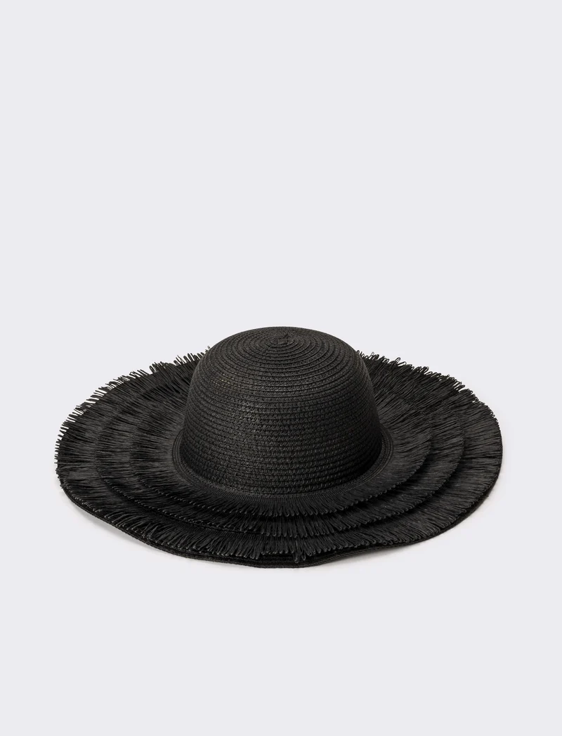 Cappello donna a falda larga con frange in raffia - Nero