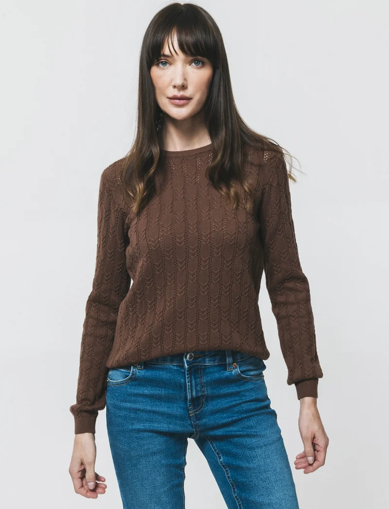 Pullover Girocollo a Treccia - Marrone