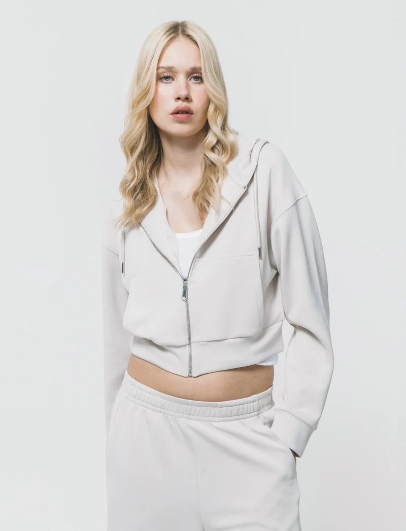 Felpa Crop con Cappuccio e Zip - Beige grano