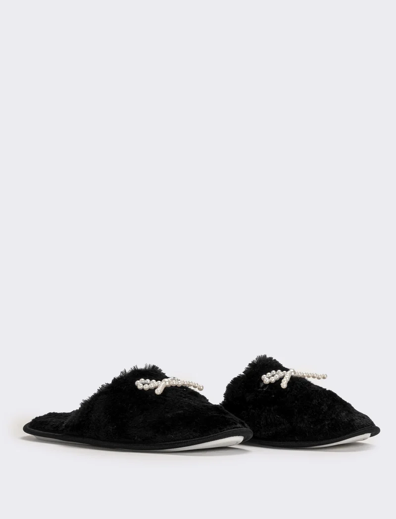Pantofola da donna con fiocco di perle - Nero