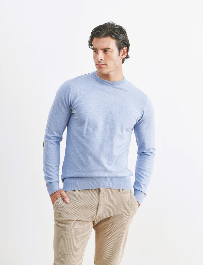 MAGLIA GIROCOLLO PREMIUM CON TOPPE GOMITO - Celeste melange