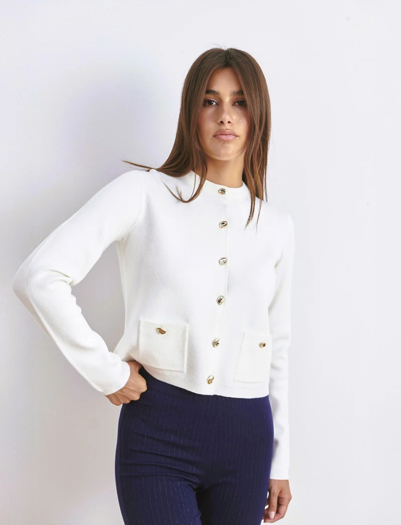 MAGLIA CARDIGAN CORTO CON TASCHE - Avorio