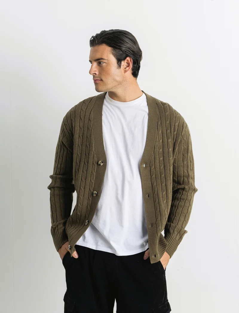 MAGLIA CARDIGAN A TRECCE: - Grigio fango