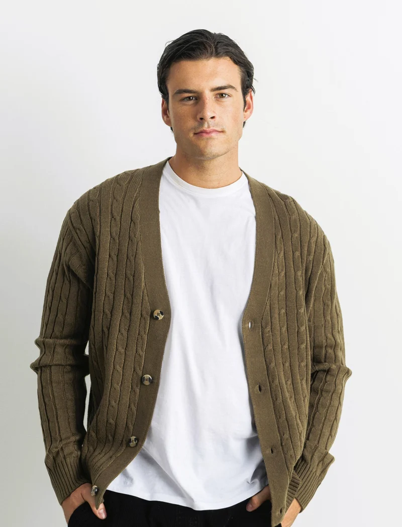 MAGLIA CARDIGAN A TRECCE: - Grigio fango