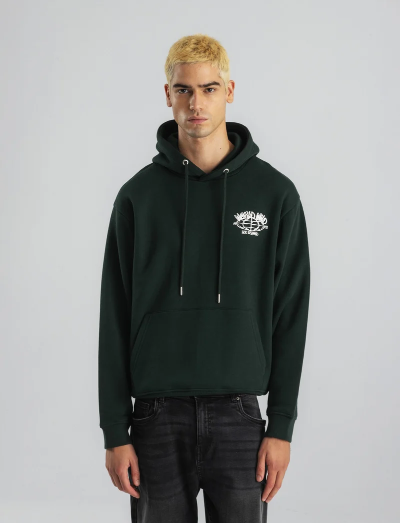 FELPA CON CAPPUCCIO E STAMPE - Verde scuro