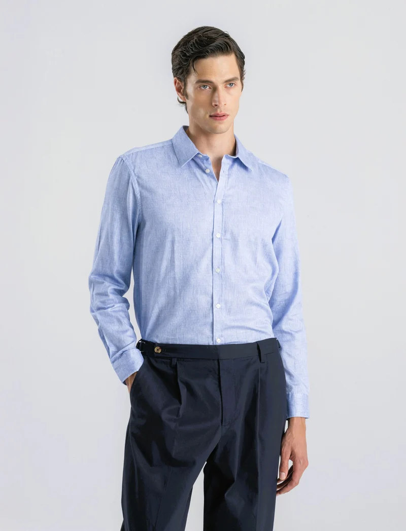 CAMICIA REGULAR FIT MICRO FANTASIA - Azzurro