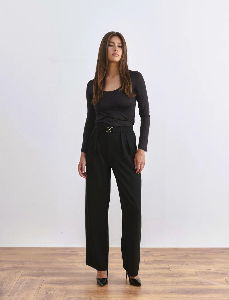 PANTALONE CON FIBIA E PENCE - Nero