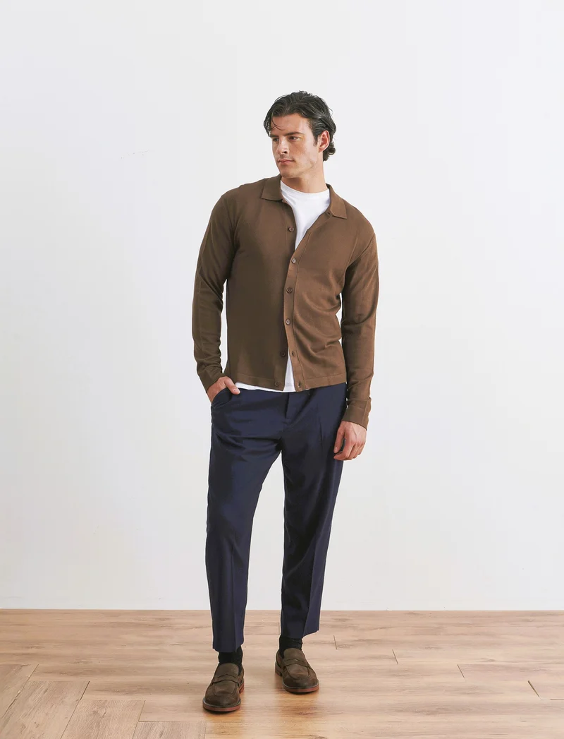MAGLIA IN MISTO VISCOSA MODELLO POLO CARDIGAN - Moro