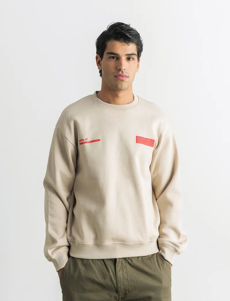 FELPA GIROCOLLO BOXY FIT CON STAMPA - Beige