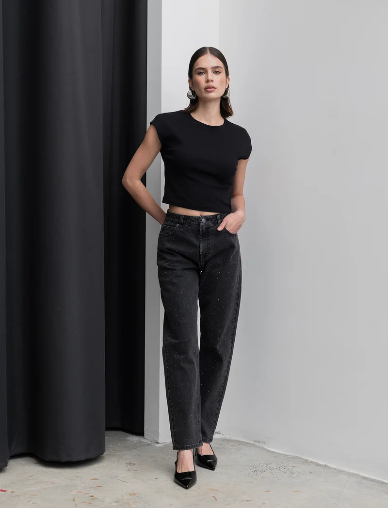JEANS CON STRASS - Nero