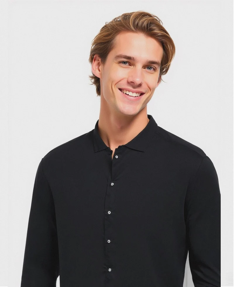 CAMICIA IN POPELINE ELASTICIZZATA SLIM FIT - Nero