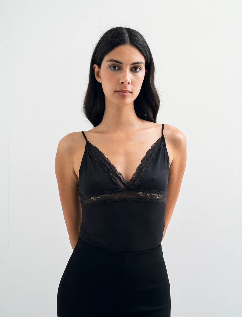 BODY CON INSIERTI IN PIZZO - Nero