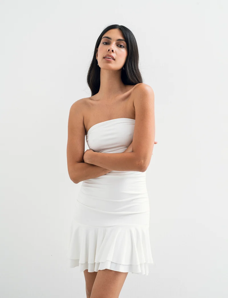 Vestito mini con volant - Bianco latte