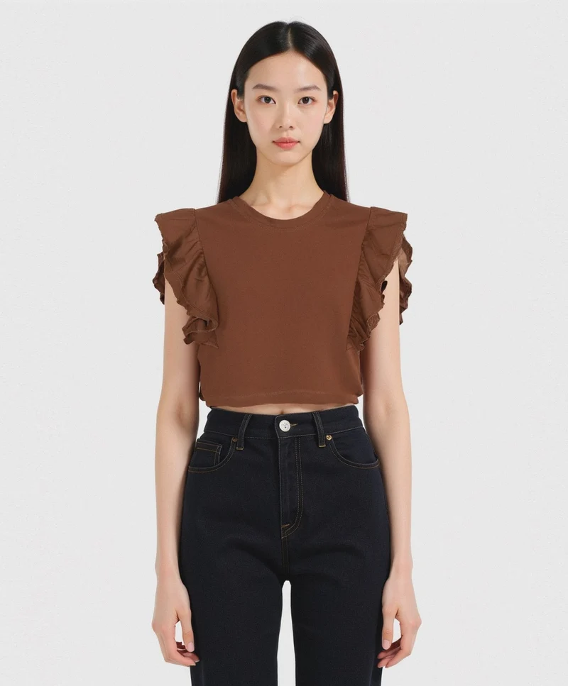 T-SHIRT CON ROUCHES - Marrone tabacco