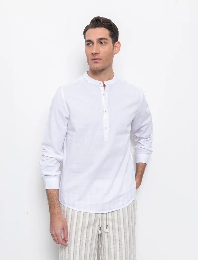 Camicia a casacca misto lino da uomo - Bianco