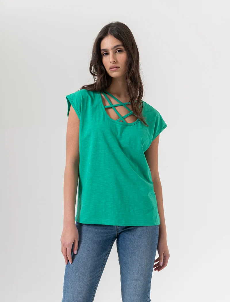 T-shirt con incrocio da donna - Verde smeraldo