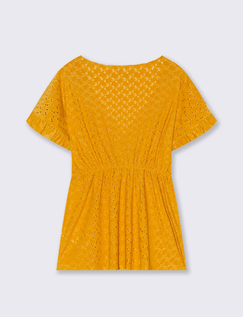 T-shirt in pizzo con elastico in vita da donna - Senape